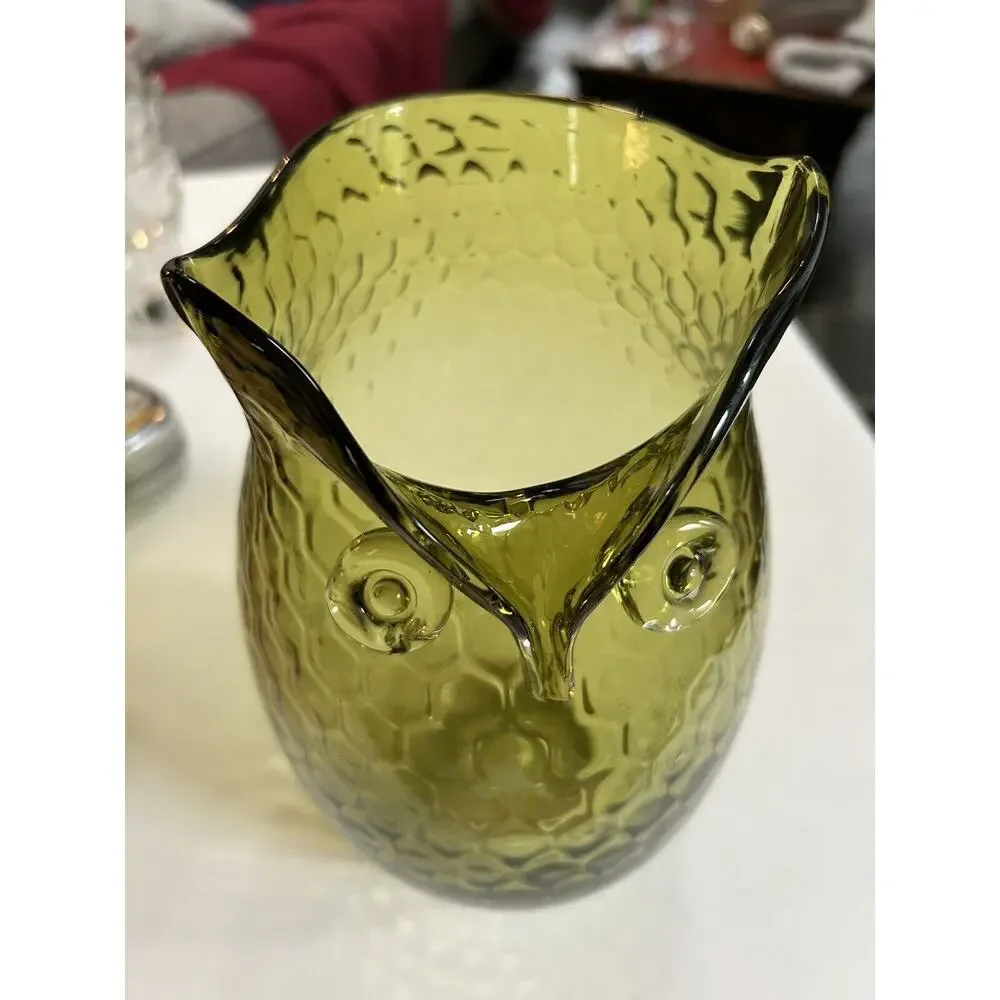 Vintage Art Glass Green Owl Pitcher Retro Honeycomb Glass 10 Inches🔥 - Picture 3 of 3